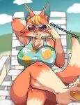  animal_crossing anthro audie_(animal_crossing) big_breasts blush bodily_fluids breasts canid canine canis clothing eyewear female hi_res kinokoningen looking_at_viewer mammal nintendo one_eye_closed open_mouth solo sunglasses sweat video_games wolf 