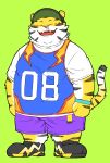  2020 anthro blush bottomwear clothing eyes_closed felid green_background hi_res humanoid_hands kemono male mammal noko_illust overweight overweight_male pantherine shirt shorts simple_background solo tiger topwear 