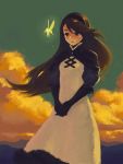 2girls agnes_(gegege_no_kitarou_6) agnes_oblige black_eyes black_gloves black_hairband bravely_default:_flying_fairy bravely_default_(series) closed_mouth cloud cloudy_sky dress fairy fairy_wings gem gloves glowing green_sky hairband hands_together kyamerontaisa long_hair multiple_girls outdoors painterly puffy_sleeves sky sparkle standing white_dress wings 