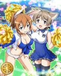  2girls animal_ears artist_request breasts brown_hair charlotte_e_yeager cleavage eyebrows_visible_through_hair hair_between_eyes holding holding_pom_poms looking_at_viewer lynette_bishop multiple_girls navel official_art open_mouth pom_poms short_hair strike_witches striped teeth world_witches_series 