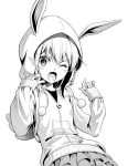  1girl alice_gear_aegis animal_ears animal_hood backpack bag blush_stickers bunny_ears bunny_hood character_request commentary_request cowboy_shot fake_animal_ears greyscale hood hooded_jacket jacket layered_skirt long_hair looking_at_viewer monochrome one_eye_closed pinakes skirt sleeves_past_wrists solo 