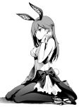  1girl alice_gear_aegis animal_ears bow bowtie breasts bunny_ears bunny_girl bunny_tail character_request commentary_request full_body greyscale hair_tucking highres large_breasts long_hair looking_away monochrome panties pinakes ribbon sitting sleeveless solo tail underwear wariza wrist_cuffs 