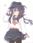  1girl akatsuki_(kantai_collection) alternate_hairstyle anchor_symbol bangs belly_peek black_hair black_headwear black_legwear black_sailor_collar black_skirt blush closed_mouth commentary_request dated eyebrows_visible_through_hair flat_cap floating_hair fujisaki_yuu hair_between_eyes hand_up hat heart index_finger_raised kantai_collection long_hair long_sleeves looking_at_viewer navel neckerchief pantyhose pleated_skirt ponytail purple_eyes red_neckwear sailor_collar school_uniform serafuku shirt skirt smile solo twitter_username very_long_hair white_background white_shirt 