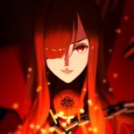  1girl bangs black_bodysuit bodysuit cape chain collared_cape embers family_crest fate/grand_order fate_(series) hair_over_one_eye koha-ace long_hair looking_at_viewer oda_nobunaga_(fate)_(all) oda_nobunaga_(maou_avenger)_(fate) oda_uri pisu popped_collar red_cape red_eyes red_hair smile solo 