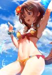  1girl absurdres arm_up armpits bikini blue_sky bone_hair_ornament breasts brown_eyes brown_hair cloud collarbone cowboy_shot dog_girl dog_tail flower from_below groin hair_flower hair_ornament highres hololive inugami_korone medium_breasts navel ocean scrunchie seicoh short_braid short_hair sideboob sky smile solo swimsuit tail thighs virtual_youtuber wading water wrist_scrunchie yellow_bikini 