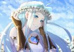  1girl ahoge blue_eyes blue_hair bridal_gauntlets collarbone floating_hair flower granblue_fantasy grin hair_flower hair_intakes hair_ornament head_wreath highres long_hair lyria_(granblue_fantasy) ndr26nyahaysk1 smile solo upper_body very_long_hair white_flower 