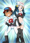  1boy 1girl beanie blue_eyes blue_hair cosplay elbow_gloves gloves hainchu hat hikari_(pokemon) long_hair midriff navel open_mouth pokemon pokemon_(anime) pokemon_dppt_(anime) skirt smile thighhighs white_headwear 