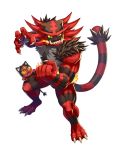  3_toes 5_fingers ambiguous_gender anthro black_body black_fur black_markings cheek_tuft claws evolutionary_family facial_tuft fangs felid feline feral fingers fire fur green_eyes grey_body grey_fur incineroar inubiko litten male mammal markings nintendo open_mouth pantherine pok&eacute;mon pok&eacute;mon_(species) red_body red_eyes red_fur red_markings red_nose sharp_teeth shoulder_tuft simple_background standing teeth toe_claws toes tuft video_games white_background yellow_sclera 