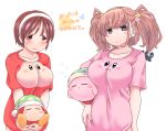  0_0 2girls =_= alternate_costume anchor anchor_hair_ornament atlanta_(kantai_collection) blush blush_stickers breasts brown_eyes brown_hair crossover fukidamari_no_peke grey_eyes hair_ornament hairband kantai_collection kirby kirby_(series) large_breasts medium_hair multiple_girls natori_(kantai_collection) nintendo shirt short_hair sleeping sweatdrop t-shirt twintails waddle_dee 