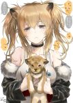  1girl alternate_hairstyle animal animal_ears arknights artist_name bangs bare_shoulders black_choker black_jacket blonde_hair blush breasts brown_eyes candy choker collarbone commentary_request eyebrows_visible_through_hair food fur-trimmed_jacket fur_trim hair_between_eyes holding holding_animal holding_food jacket large_breasts lion lion_cub lion_ears lollipop long_hair long_sleeves looking_at_viewer off_shoulder sidelocks siege_(arknights) speech_bubble tank_top tooka translated twintails twitter_username upper_body white_tank_top 