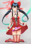  1girl absurdres bangs black_hair blush bow breasts commentary_request darkmuleth dress eyebrows_visible_through_hair flower hair_bow highres holding holding_dress jewelry kneeling long_hair original purple_eyes red_bow red_dress red_footwear red_legwear simple_background solo 