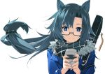  1girl animal_ears arknights bangs blue_eyes blue_hair fang_(arknights) fur_collar glasses highres holding long_hair long_sleeves looking_at_viewer parted_bangs scarf shikei smile solo upper_body white_background 
