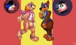  anthro balls bdsm black_nose bondage bound bulge canid canine canis chase_(paw_patrol) clothed clothing costume digital_drawing_(artwork) digital_media_(artwork) duo encasement genitals kastmi male mammal open_mouth paw_patrol plushification plushsuit skye_(paw_patrol) transformation 