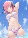  1girl 3: 6u_(eternal_land) arm_up armpits bare_shoulders bikini blush breasts cloud day floral_print from_below go-toubun_no_hanayome groin hair_ornament looking_at_viewer medium_breasts multi-strapped_bikini nakano_nino navel outdoors pink_hair purple_eyes short_hair sky solo stomach sunlight swimsuit thighs wading water white_bikini 