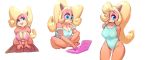  activision anthro bandicoot bikini black_nose blonde_hair blue_eyes breasts cleavage clothed clothing coco_bandicoot computer crash_bandicoot_(series) crossed_legs female hair hair_over_eye laptop long_hair looking_at_viewer mammal marsupial nitro one_eye_obstructed simple_background solo swimwear video_games 