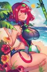  1girl ahoge ass ball bamboo beach beachball black_swimsuit breasts chest_jewel day eyebrows_visible_through_hair flower highres homura_(xenoblade_2) impossible_clothes impossible_swimsuit large_breasts one-piece_swimsuit one_eye_closed orange_hair outdoors plant red_hair seiza short_hair sitting solo stocjia sun swimsuit tiara twisted_torso xenoblade_(series) xenoblade_2 