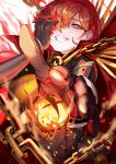  absurdres black_bodysuit bodysuit cape chain collared_cape family_crest fang fate/grand_order fate_(series) hair_over_one_eye highres long_hair oda_nobunaga_(fate) oda_nobunaga_(fate)_(all) oda_nobunaga_(maou_avenger)_(fate) oda_uri popped_collar red_cape red_eyes red_hair smile tsumiki_(pixiv27467421) 