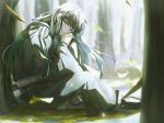 1boy artist_name bare_tree belt black_eyes black_hair black_pants black_shirt chin_rest closed_mouth dal_li_0130 day forest full_body hands_on_own_knee highres kimetsu_no_yaiba knee_up korean_commentary leaf long_hair looking_at_viewer loose_clothes nature outdoors pants sandals shirt sitting smile solo sunlight tokitou_muichirou tree twintails twitter_username uniform wide_sleeves 