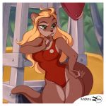  1:1 2020 alternate_species anthro beach black_nose blonde_hair border breasts brown_body brown_fur clothed clothing disney eyebrows eyelashes female fur grainy green_eyes hair hand_on_hip leaning lifeguard lifeguard_(lilo_&amp;_stitch) lifeguard_tower lilo_and_stitch long_hair lutrine mammal medium_breasts mustelid one-piece_swimsuit palm_tree raised_eyebrow seaside solo swimwear thick_thighs tree white_border ziffir 
