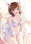  1girl animal_ears barefoot blush bow bow_bra bra breasts brown_hair cat_ears cat_tail cleavage collarbone eyebrows_visible_through_hair fang green_eyes highres idolmaster idolmaster_cinderella_girls idolmaster_cinderella_girls_starlight_stage indoors large_breasts lingerie looking_at_viewer maekawa_miku navel off_shoulder on_bed open_clothes open_mouth open_shirt panties paw_pose shirt short_hair sitting smile solo sutoroa tail underwear wariza white_bow white_bra white_panties white_shirt 