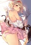  1girl ass back bangs bare_shoulders blonde_hair blush breasts brown_eyes closed_mouth djeeta_(granblue_fantasy) dress fighter_(granblue_fantasy) gauntlets granblue_fantasy hairband highres large_breasts looking_at_viewer looking_back off_shoulder panties pink_dress pink_panties puffy_short_sleeves puffy_sleeves sheath short_hair short_sleeves shoulder_blades solo thighs underwear venomrobo 