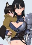  1boy 1girl :&lt; age_difference animal_ear_fluff animal_ears armor bandaged_leg bandages bangs between_breasts black_hair blue_eyes blush breastplate breasts brown_eyes cat_ears child cleavage cleavage_cutout closed_mouth cloth ear_piercing earrings gauntlets gradient gradient_background grey_background hair_down harness highres hood hood_down jewelry knight large_breasts long_sleeves looking_at_viewer md5_mismatch midriff navel onna_kishi_(maoyuu) orange_eyes original parted_lips pauldrons piercing pouty_lips ring size_difference stomach strap_between_breasts stud_earrings sword tail turbo_engine_(rakugaki_tabo) upper_body weapon 