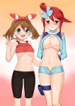  1girl 2girls absurdres areola_slip areolae bangs bike_shorts black_shorts blue_eyes blush breasts brown_hair cameltoe covered_nipples fuuro_(pokemon) gradient gradient_background gym_leader hair_ornament hair_ribbon haruka_(pokemon) highres large_breasts long_hair looking_at_viewer midriff multiple_girls navel open_mouth pokemon red_hair ribbon short_hair shorts sidelocks smile tagme toranoe unzipped 