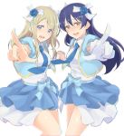  2girls ayase_arisa bangs blonde_hair blue_eyes blue_hair blue_neckwear blush commentary_request cosplay cowboy_shot flower gloves hair_between_eyes hair_flower hair_ornament hairclip holding_hands long_hair love_live! love_live!_school_idol_project makita_(twosidegekilove) multiple_girls necktie open_mouth simple_background single_glove smile sonoda_umi sonoda_umi_(cosplay) white_background white_gloves yellow_eyes 