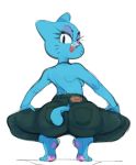  anthro blue_body blue_fur butt cartoon_network clothed clothing dbaru domestic_cat eyeshadow felid feline felis female fur kneeling looking_back makeup mammal nicole_watterson pawpads rear_view simple_background solo the_amazing_world_of_gumball topless white_background 