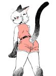  2018 anthro breasts clothed clothing felid feline female fully_clothed fur hair hi_res kemono looking_at_viewer looking_back mammal pink_clothing pink_eyes pororikin simple_background snout solo standing white_background white_hair zipper 