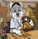  anthro bad_guy_cafe blue_eyes brown_body brown_eyes brown_fur canid canine canis dog_tags duo dwight_fries father fur grey_body grey_fur lagomorph leporid male mammal mick_fries parent rabbit son wolf woodcarving workshop ziegelzeig 