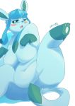  absurd_res belly blue_body blue_breasts blue_eyes blue_fur blush breasts eeveelution female fur glaceon hi_res leg_markings looking_at_viewer markings nintendo nude pink_tongue pok&eacute;mon pok&eacute;mon_(species) signature simple_background socks_(marking) solo teeth tongue ukenya video_games white_background 