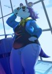  absurd_res aircraft airplane animal_crossing anthro black_clothing bottomwear clothed clothing eulipotyphlan eyewear female fully_clothed hedgehog hi_res labelle_able looking_at_viewer mammal nintendo pants smile solo topwear ukenya video_games 