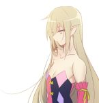  1girl bangs breasts cleavage closed_mouth collarbone detached_sleeves eyebrows_visible_through_hair from_side green_eyes hair_between_eyes long_hair magilou_(tales) pink_sleeves pointy_ears ribbon silver_hair simple_background small_breasts solo straight_hair strapless tales_of_(series) tales_of_berseria tusia upper_body very_long_hair white_background yellow_ribbon 