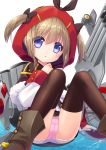  1girl :o arm_support ass azur_lane bangs black_capelet black_legwear black_skirt boots bow brown_bow brown_footwear brown_ribbon capelet commentary_request cowboy_shot eyebrows_visible_through_hair fur-trimmed_capelet fur_trim hair_between_eyes hair_through_headwear highres hood hood_up hooded_capelet knees_up light_brown_hair long_sleeves looking_at_viewer machinery norfolk_(azur_lane) panties pantyshot pink_panties purple_eyes red_hood ribbon rigging s_nyaau searchlight shirt sidelocks simple_background sitting sitting_on_liquid skirt solo thighhighs torpedo twintails underwear white_background white_shirt 