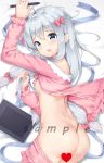  1girl ass bangs blue_eyes blush bow breasts censored chintora0201 commentary_request eromanga_sensei eyebrows_visible_through_hair from_above hair_bow heart heart_censor heart_in_eye holding holding_pen izumi_sagiri long_hair long_sleeves looking_at_viewer lying nipples no_bra no_panties on_side open_mouth open_pajamas pen pink_bow pink_pajamas sample silver_hair small_breasts solo symbol_in_eye 