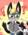  1boy animal_ears blonde_hair blue_neckwear blush cat_ears cat_tail character_request doubutsu_no_mori eromame glasses green_eyes heterochromia jack_(doubutsu_no_mori) long_sleeves maid_dress necktie open_mouth shirt sweat tail white_shirt 