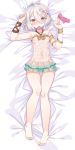  1girl absurdres bangs barefoot blush breasts come_hither condom condom_in_mouth condom_wrapper covered_navel dakimakura detached_sleeves dress elf eyebrows_visible_through_hair feet flower hair_between_eyes hair_flower hair_ornament harigane_shinshi heart heart-shaped_pupils highres jewelry kokkoro_(princess_connect!) looking_at_viewer mouth_hold nipples open_mouth pink_eyes pink_flower pointy_ears princess_connect! princess_connect!_re:dive purple_eyes see-through see-through_sleeves short_hair silver_hair sleeveless sleeveless_dress small_breasts smile solo symbol-shaped_pupils transparent white_flower 