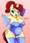  absurd_res an-tonio anthro belly big_breasts breasts cabrony cleavage clothed clothing cutie_mark dialogue equid female golden_brooch hi_res horn lipstick makeup mammal mature_female my_little_pony navel_cutout slightly_chubby solo unicorn 