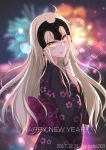  1girl 2017 absurdres ahoge alternate_costume artist_name back_bow black_kimono blonde_hair blurry blurry_background blush bow bracelet dated earrings eyebrows_visible_through_hair fate/grand_order fate_(series) fireworks floating_hair floral_print from_side hand_on_own_cheek headpiece highres japanese_clothes jeanne_d&#039;arc_(alter)_(fate) jeanne_d&#039;arc_(fate)_(all) jewelry jiafei2o3 kimono lens_flare long_hair long_sleeves looking_at_viewer night obi outdoors print_kimono sash solo sparkle standing very_long_hair yellow_eyes 