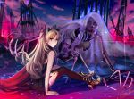  1girl asymmetrical_legwear black_legwear blonde_hair bow cape diadem earrings ereshkigal_(fate/grand_order) fate/grand_order fate_(series) hair_bow high_heels highres jewelry long_hair looking_at_viewer outdoors petra-ii red_bow red_cape red_eyes single_thighhigh sitting skeleton solo thighhighs twintails very_long_hair 