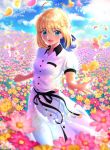  1girl :d ahoge aqua_eyes artoria_pendragon_(all) black_ribbon blonde_hair blue_ribbon blue_sky braided_bun cloud day dress eyebrows_visible_through_hair fate/stay_night fate_(series) field flower flower_field hair_between_eyes hair_ribbon highres long_dress looking_at_viewer open_mouth outdoors petals pink_flower red_flower ria001 ribbon saber short_hair short_sleeves sidelocks sky smile solo standing white_dress yellow_flower yellow_petals 