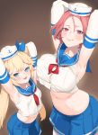  2girls absurdres arched_back armpits arms_behind_head bangs blonde_hair blue_eyes blue_sailor_collar blue_skirt blush breast_press breasts button_gap closed_mouth crop_top hair_between_eyes hat height_difference highres jam_(nandade) large_breasts last_origin long_hair miniskirt mole mole_on_armpits multiple_girls navel open_mouth pleated_skirt purple_eyes red_hair sailor_collar sailor_hat shirt short_hair skirt sleeveless sleeveless_shirt smile stomach twintails very_long_hair white_shirt 