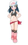  1girl angry beanie blue_eyes blue_hair closed_mouth groin hainchu hair_ornament hat highres hikari_(pokemon) long_hair looking_at_viewer pink_footwear pokemon pokemon_(anime) pokemon_dppt_(anime) pout simple_background solo torn_clothes torn_legwear white_background 