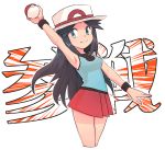  1girl blue_(pokemon) blue_eyes breasts brown_hair closed_mouth hat highres holding long_hair nyonn24 poke_ball pokemon porkpie_hat skirt sleeveless 