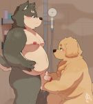  2020 absurd_res anthro bathing belly black_nose blush canid canine canis cu_sith_(tas) detailed_background domestic_dog duo genitals hi_res humanoid_genitalia humanoid_hands humanoid_penis kemono male male/male mammal moobs moritaka nipples overweight overweight_male penis piero03432812 scar tokyo_afterschool_summoners video_games 