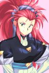  1girl breasts green_eyes hakubi_washuu hand_on_hip harleequeen highres long_hair looking_at_viewer medium_breasts ponytail purple_background red_hair smile solo spiked_hair tenchi_muyou! upper_body 