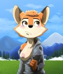  absurd_res anthro areola black_nose canid canine clothing darma_(rock_dog) diacordst female fox fur grass grey_clothing hi_res mammal nipples one_breast_out orange_body orange_fur pink_areola pink_nipples rock_dog 