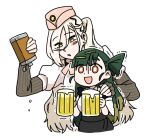  2girls :d a-91_(girls_frontine) alcohol anyan_(jooho) beer beer_mug blonde_hair blush cup dripping elbow_gloves empty fingerless_gloves flask g28_(girls_frontline) girls_frontline gloves green_hair hair_ornament hairclip hand_on_another&#039;s_shoulder hat long_hair mug multiple_girls one_side_up open_mouth smile trembling 