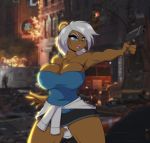  anthro blue_eyes bottomwear breasts brown_body brown_fur chest_tuft city cleavage clothed clothing female fur grey_hair gun hair holding_gun holding_object holding_weapon jacket mammal mastergodai naomi_(mastergodai) open_mouth ranged_weapon shirt skirt solo tank_top tongue topwear tuft ursid weapon 